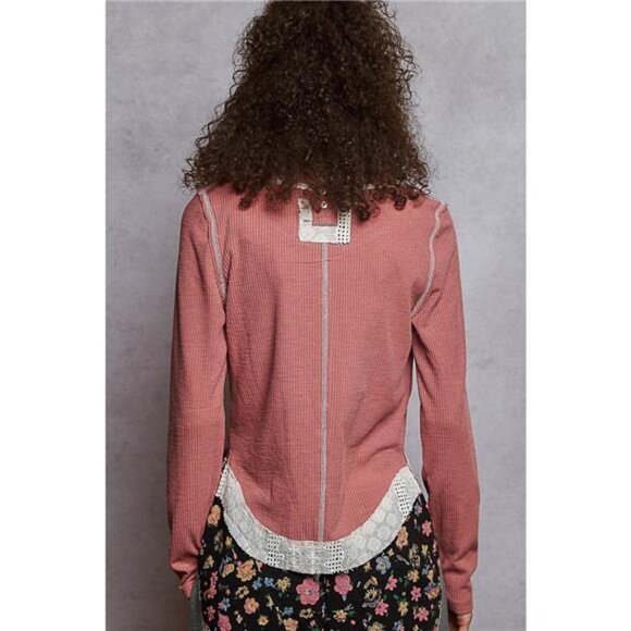 POL Contrast Round Neck Long Sleeve Ribbed Top with Eyelet Patch - Picture 4 of 5
